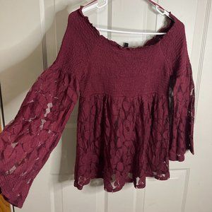 Off the Shoulder Maroon Flowy Top with Mesh Floral Overlay